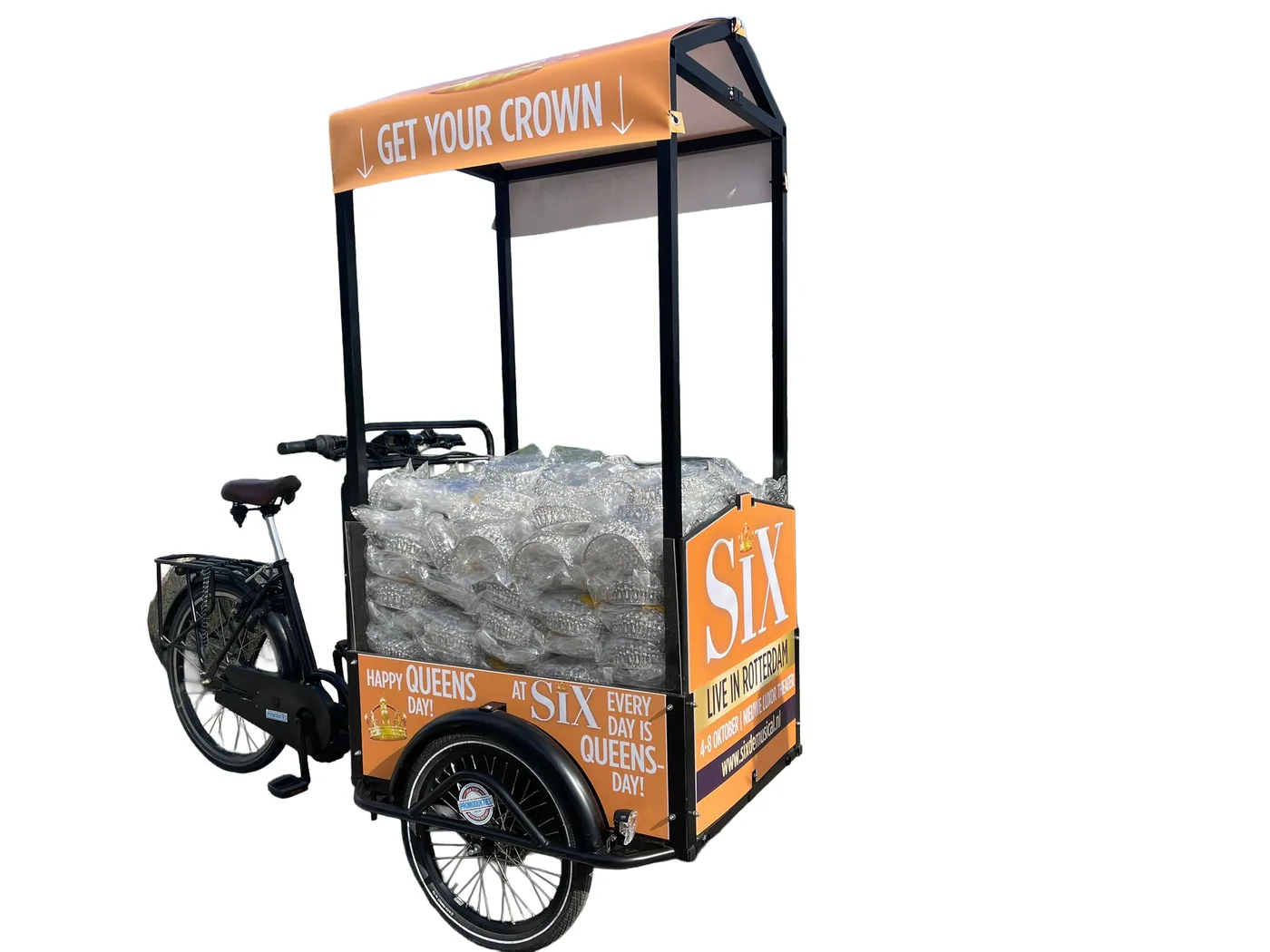 Promobakfiets voor de musical SIX met 3 mm forex panelen, full colour geprint en in contour uitgesneden